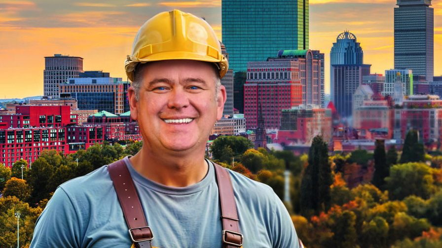 Denis Tchernov, founder of Sannacore, in a yellow hard hat with the Boston skyline behind him