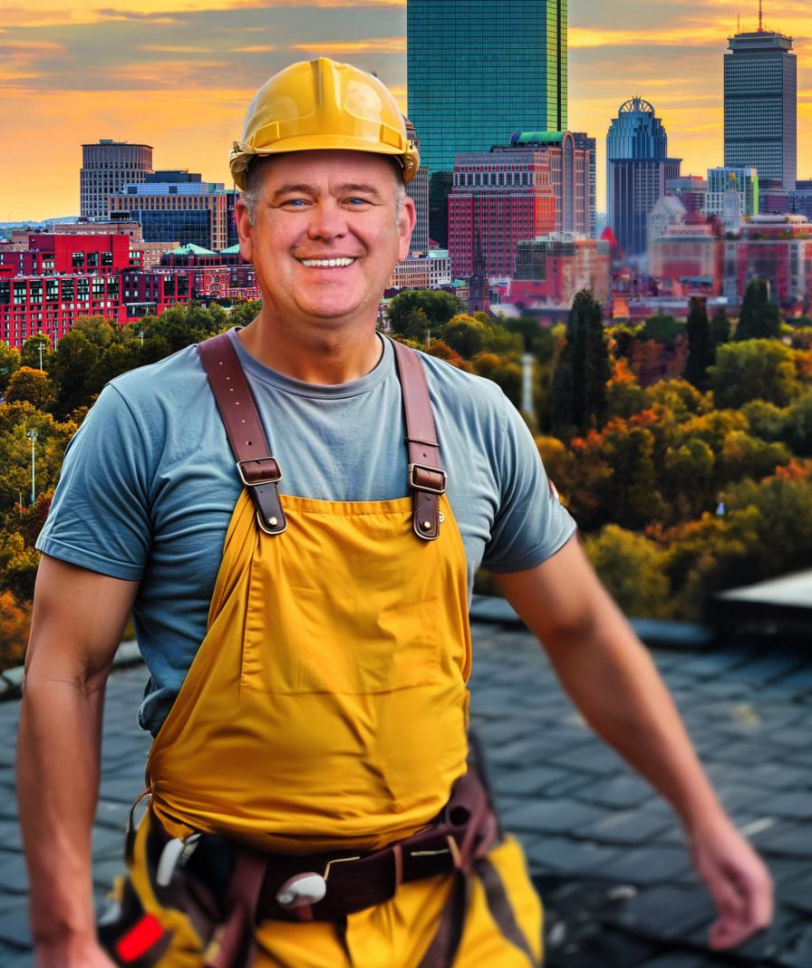 Denis Tchernov, founder of Sannacore, in a hard hat and work overalls on a rooftop with the Boston skyline behind him