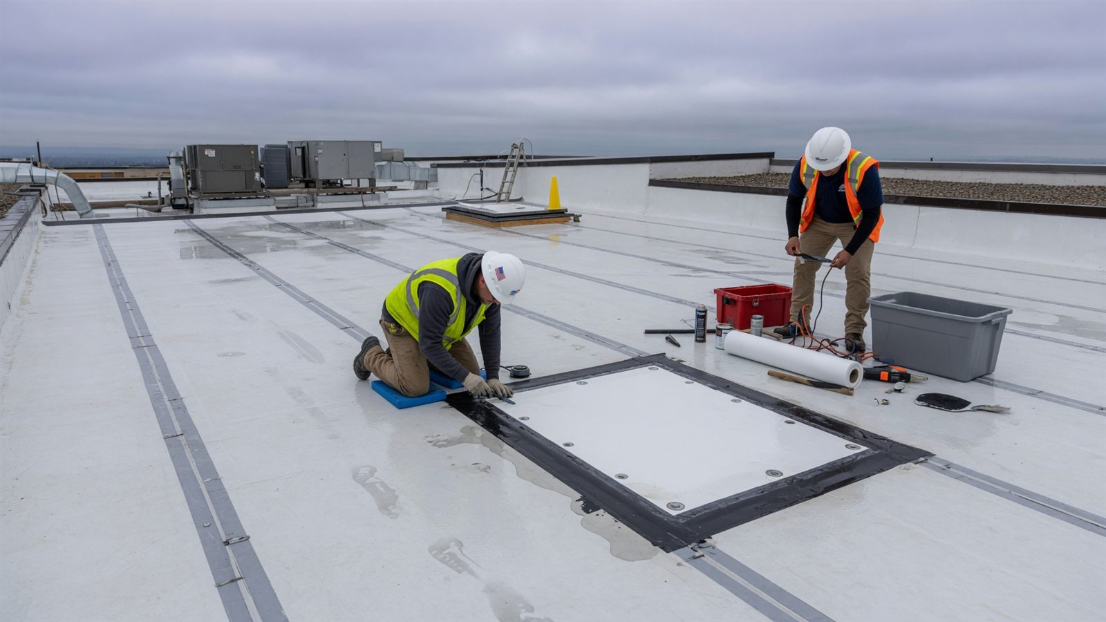 Two roofers in safety vests making an emergency patch on a wet white membrane roof under an overcast sky