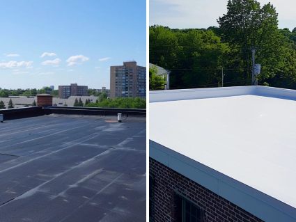 Side by side: an aged black rubber roof on the left and a new white PVC membrane roof on a brick building on the right